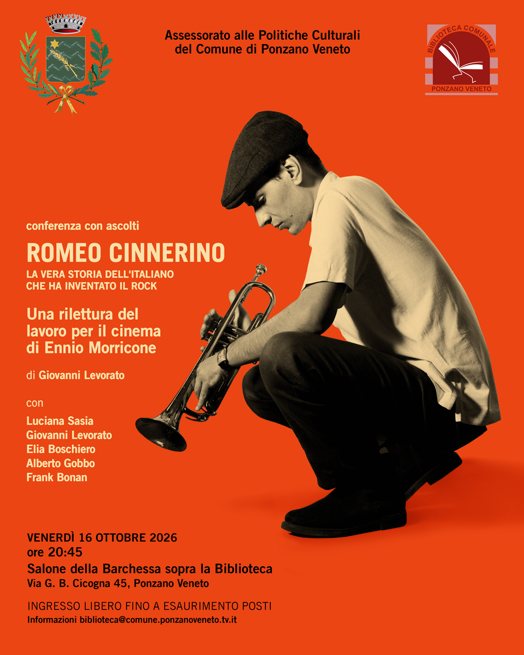 Locandina della conferenza con ascolti Romeo Cinnerino, 16 ottobre 2026 a Ponzano Veneto